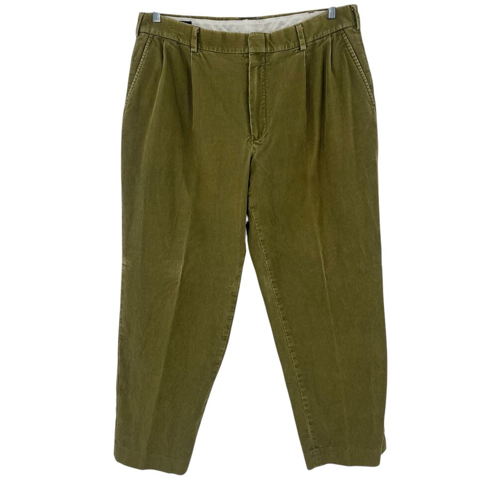 Vtg Lands End Corduroy Pleated Mens Pants Sz 35 Heritage Y2K 90s Olive Preppy